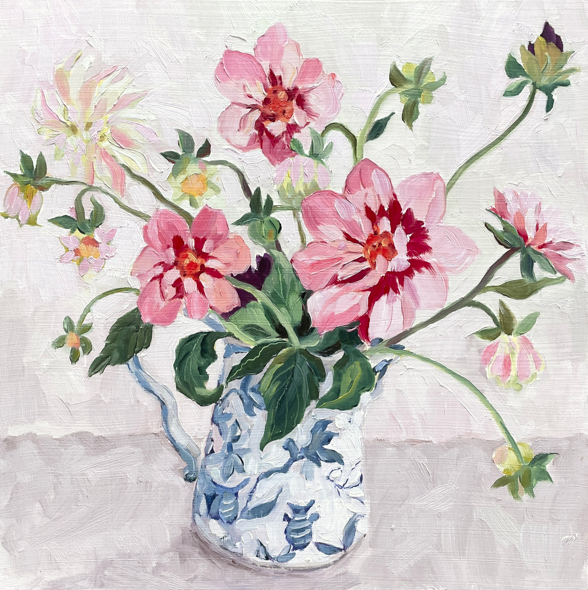Dahlias in a blue and white jug