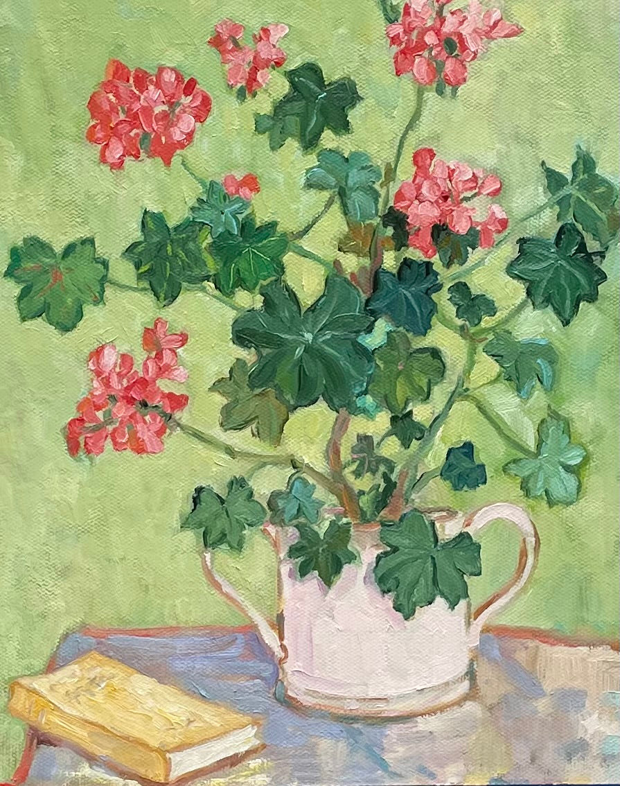 oil painting of a geranium in a loving cup