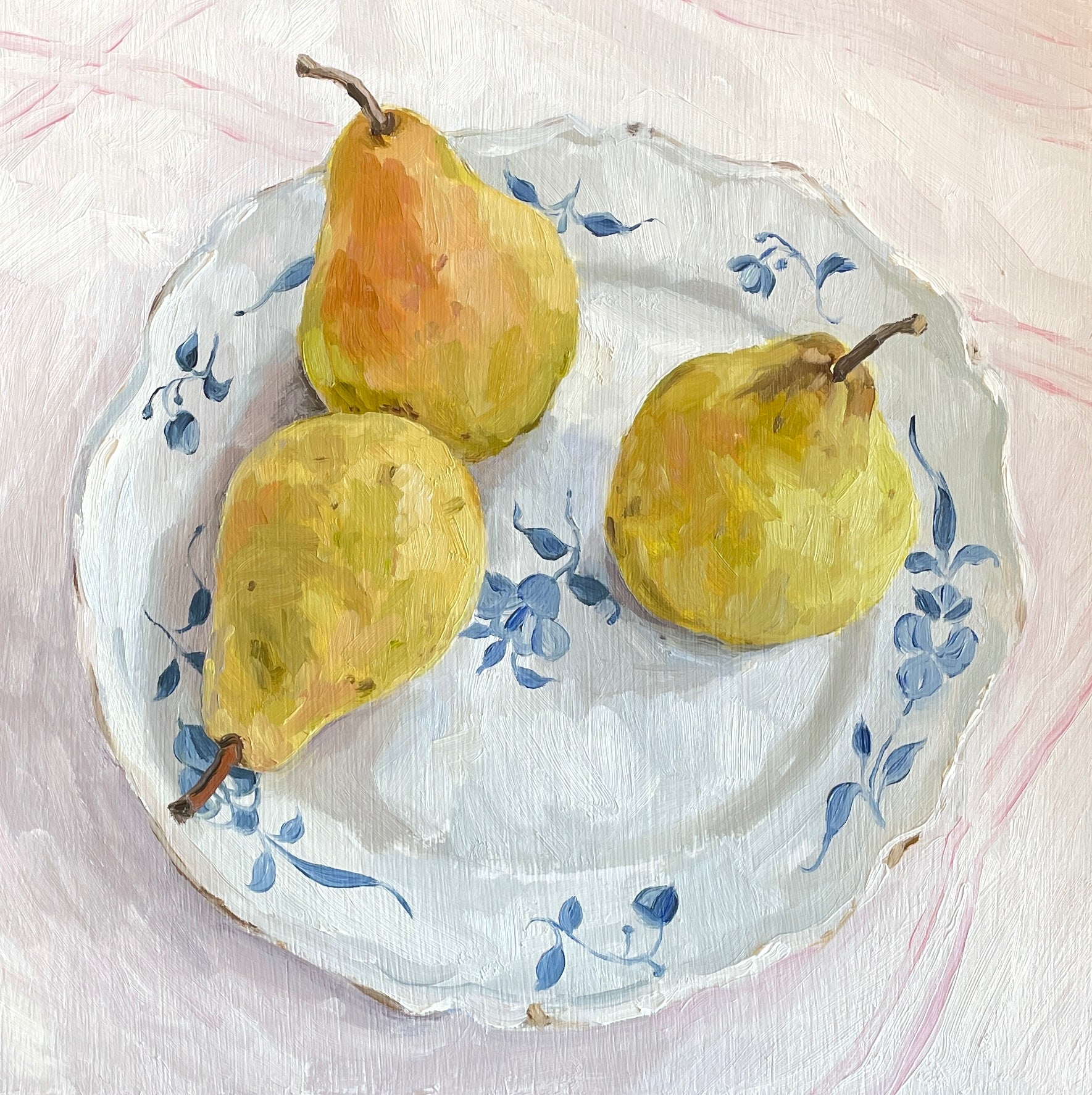 Pears on a blue and white plate