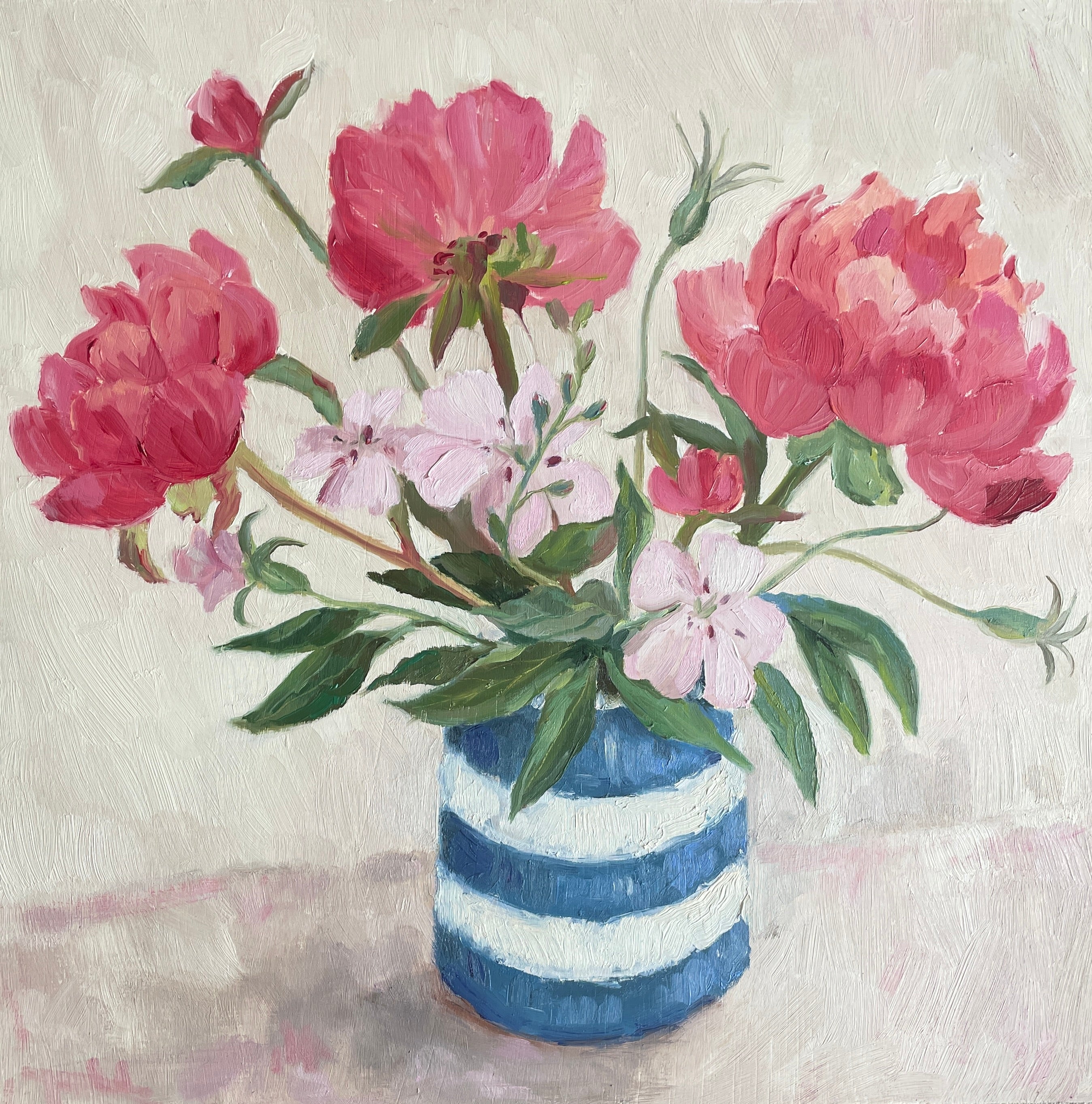 Peonies and Corncockle in a Cornishware pot