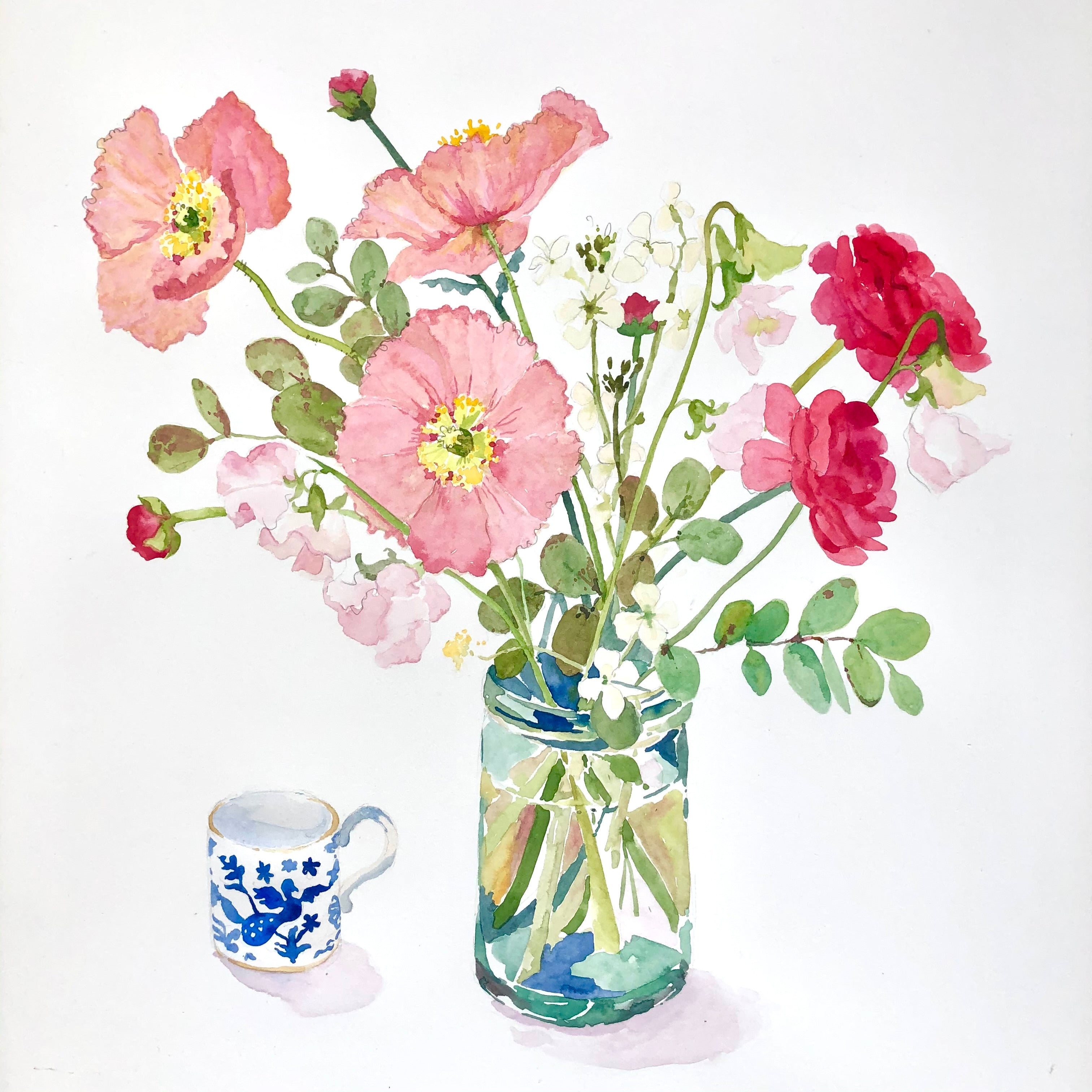 watercolour of poppies and cow parsley greetings card