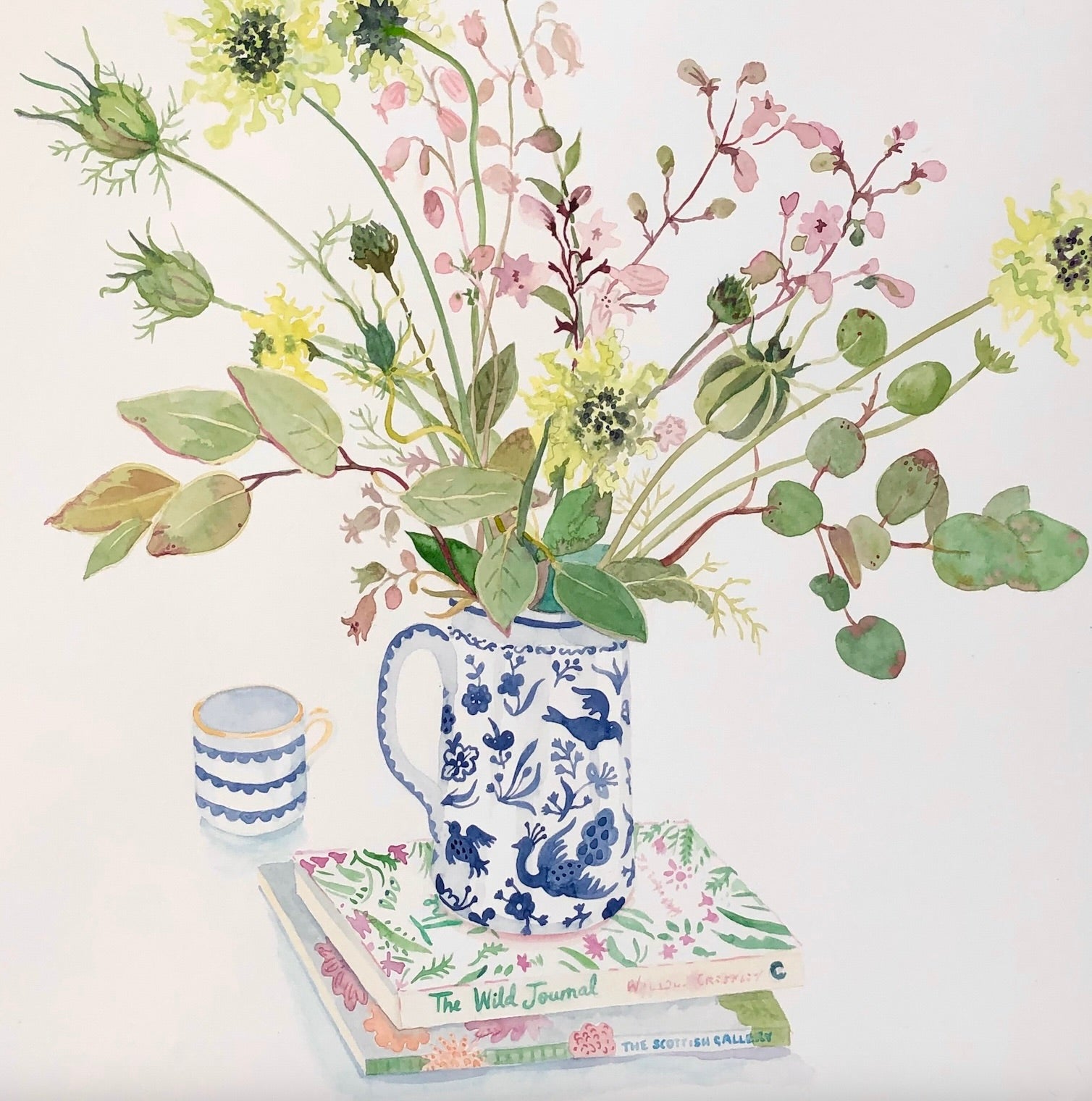 greetings card with watercolour of summer flowers in a blue and white jug