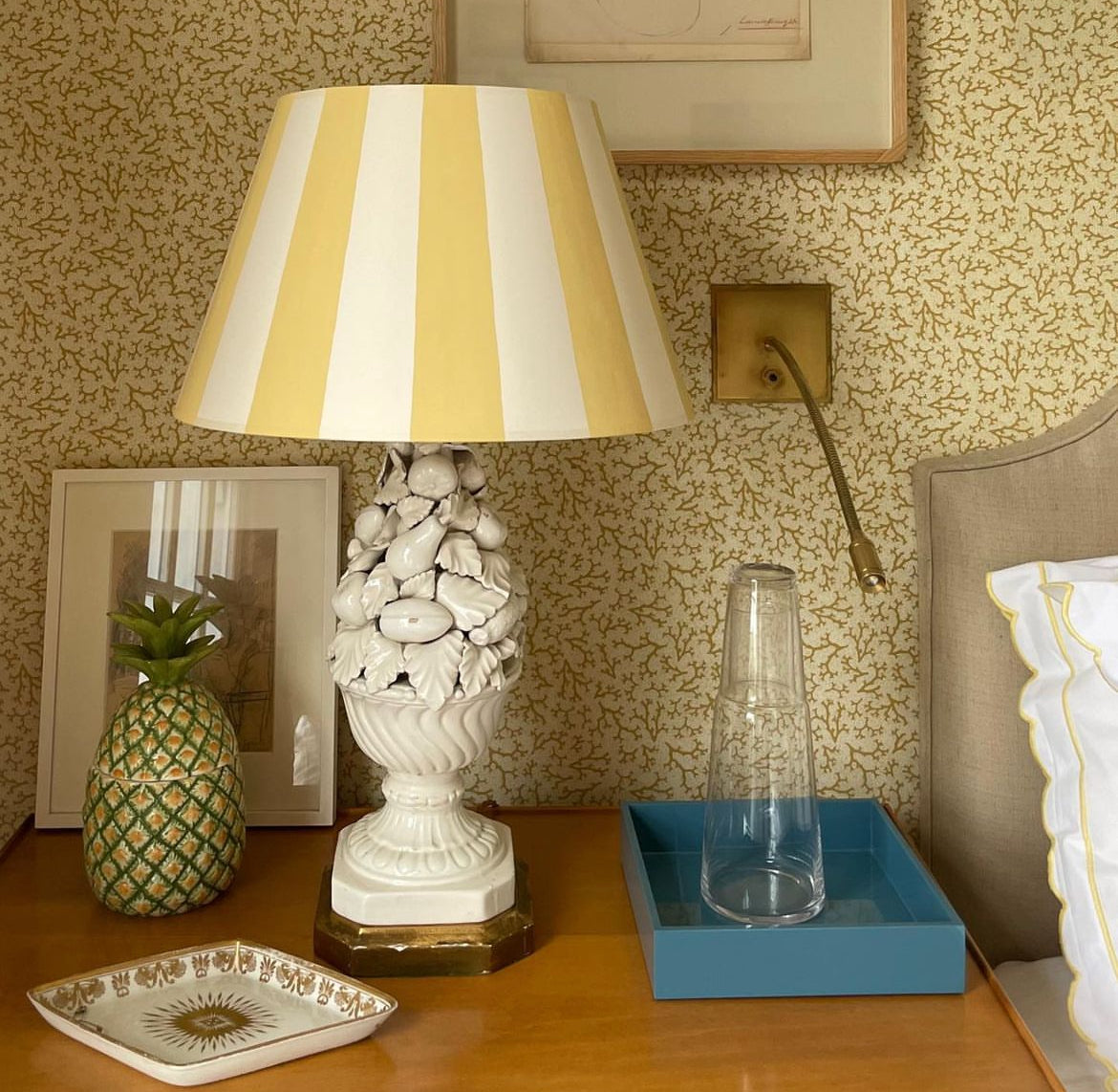 wide yellow handpainted stripes on a cream card shade