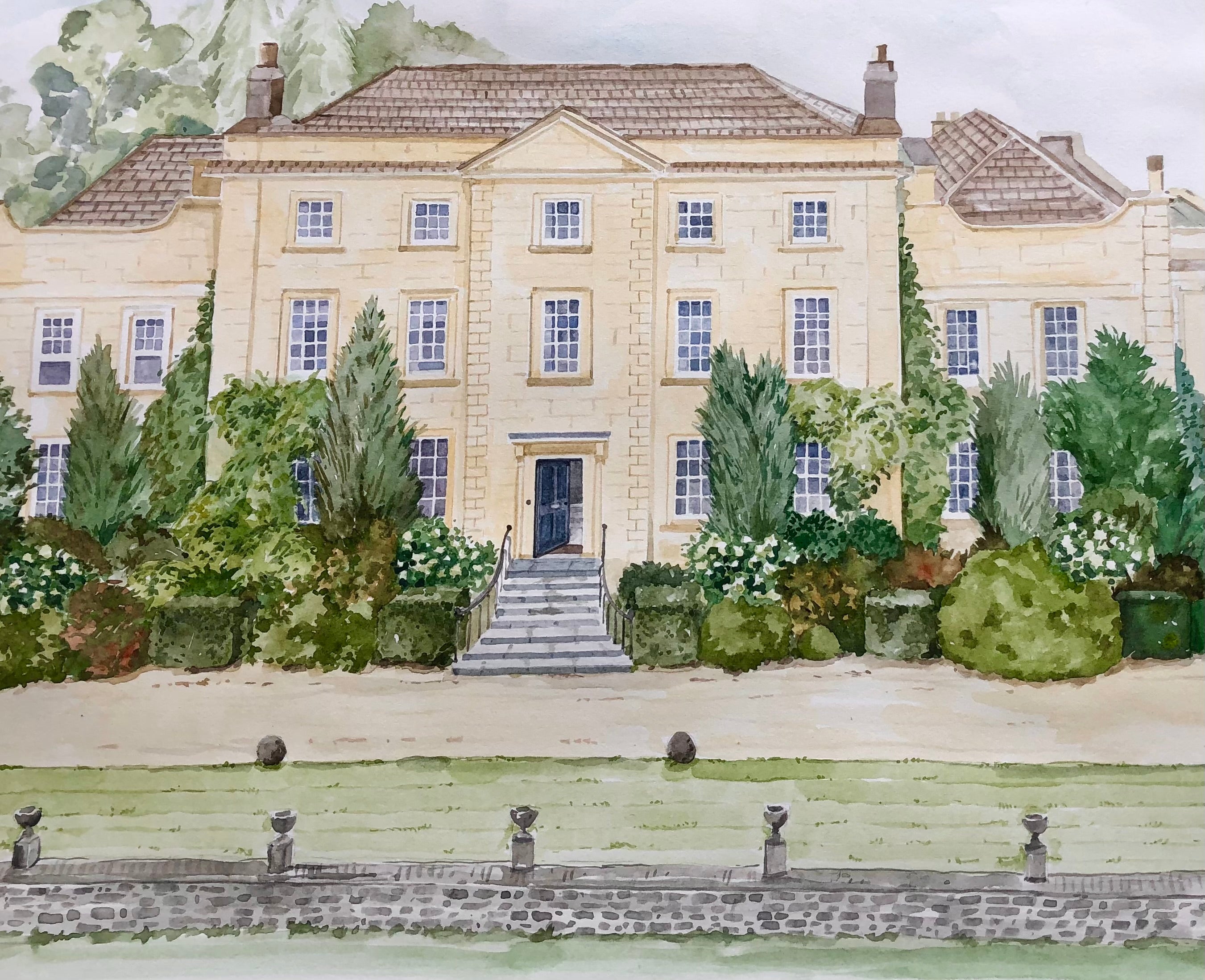 watercolour of a large country house in the Cotswolds