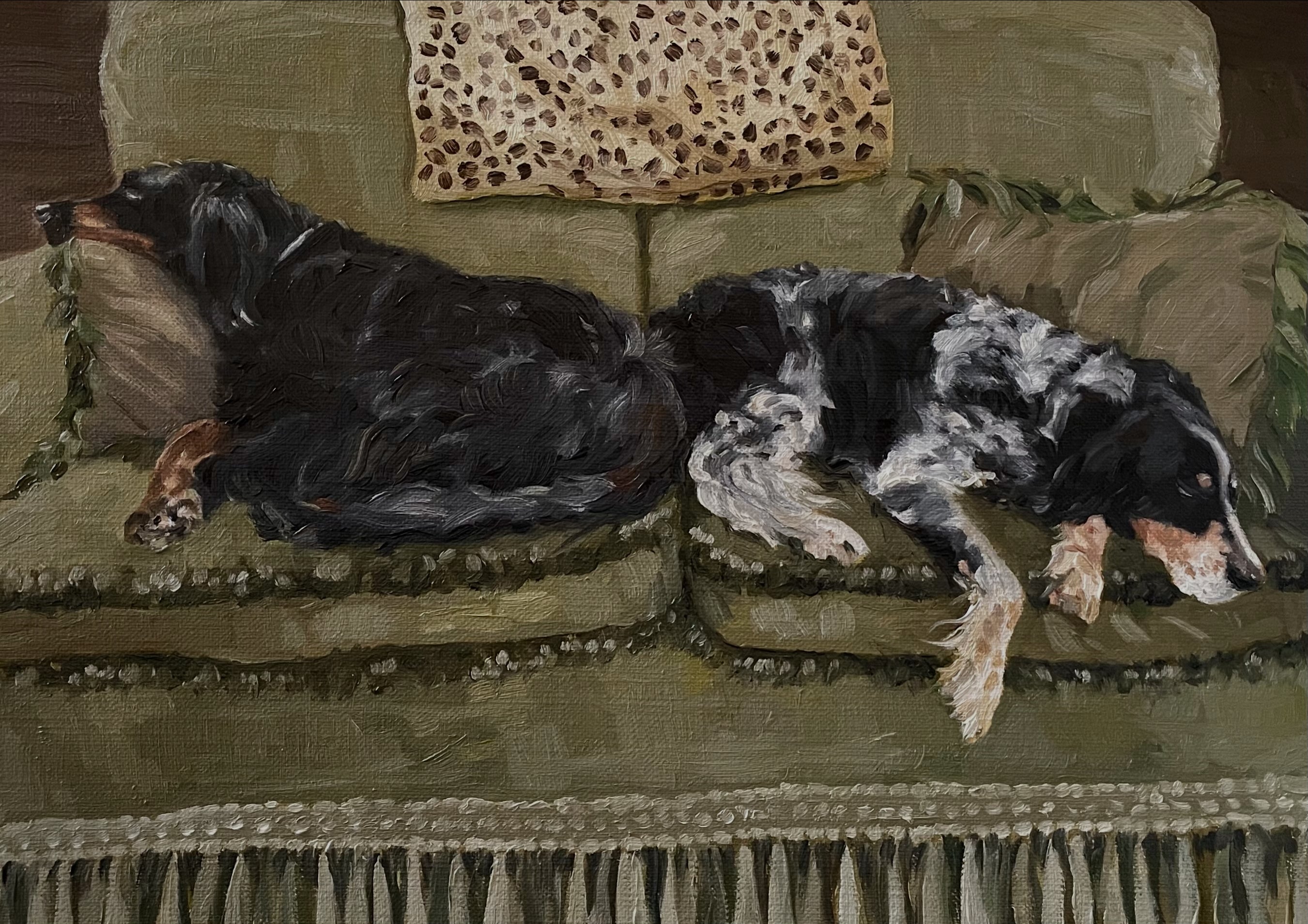 oil painting of two spaniels on a sofa