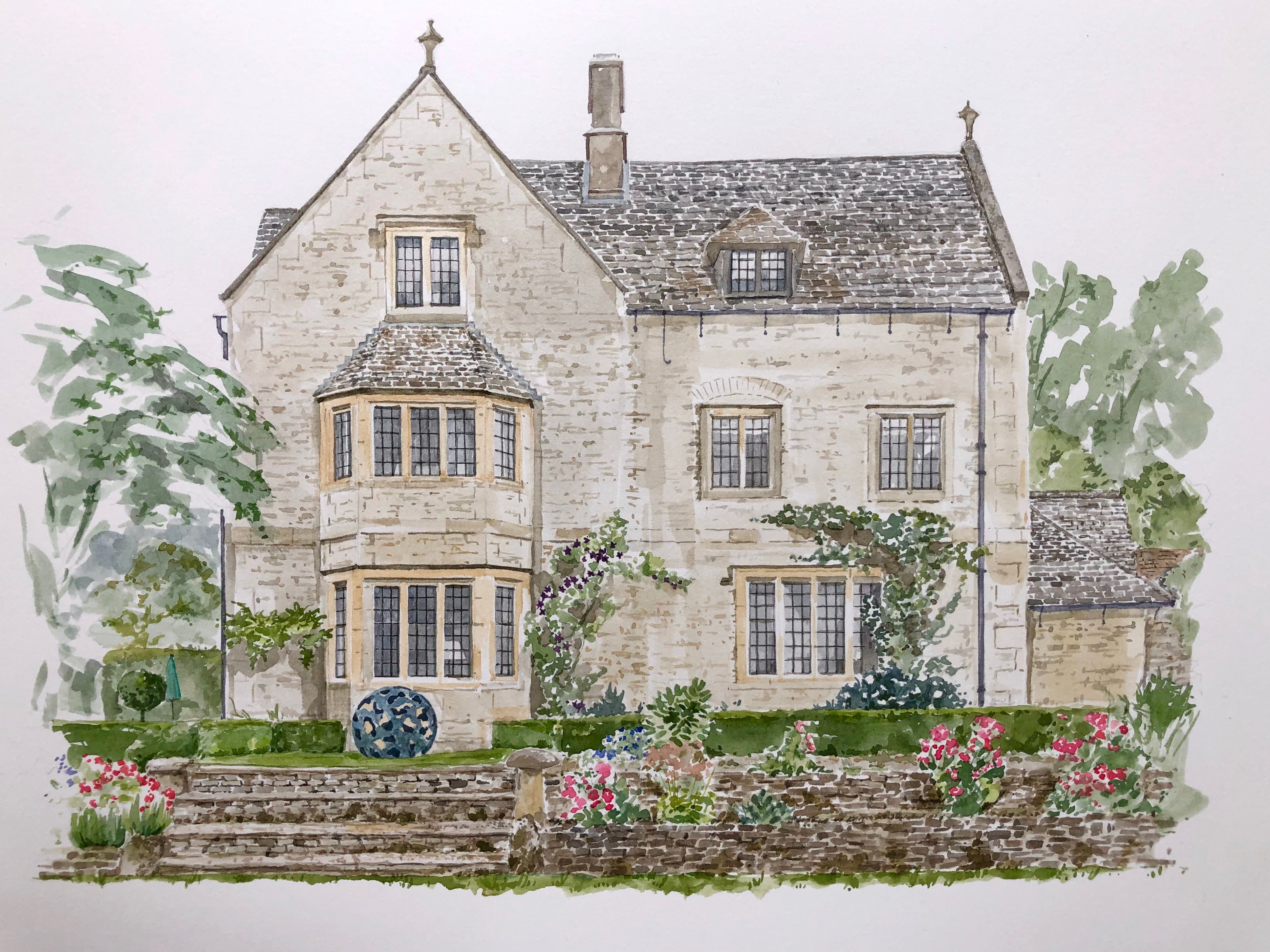 watercolour of a Cotswold house