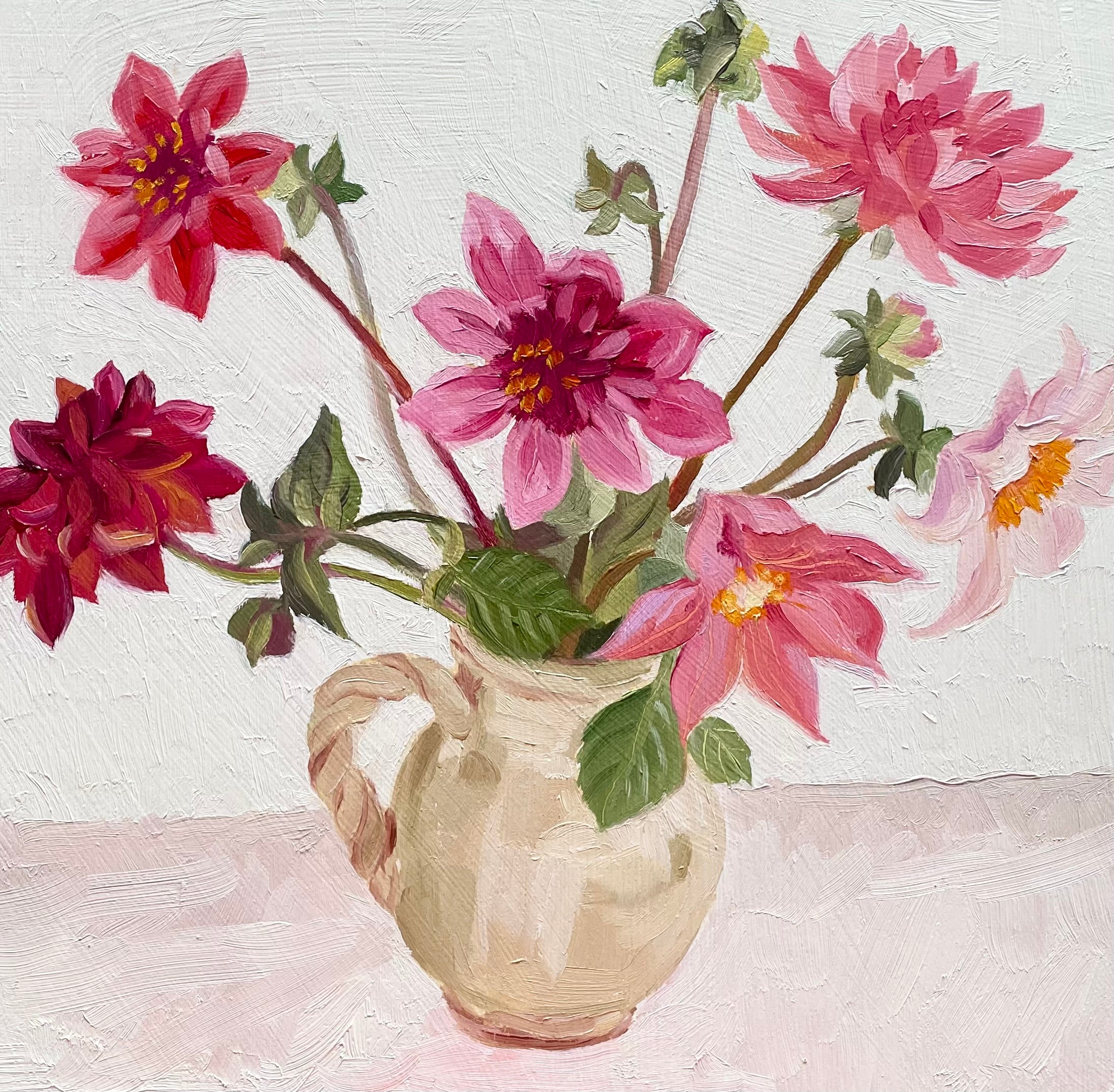 Bright dahlias in a Provencal Jug oil painting