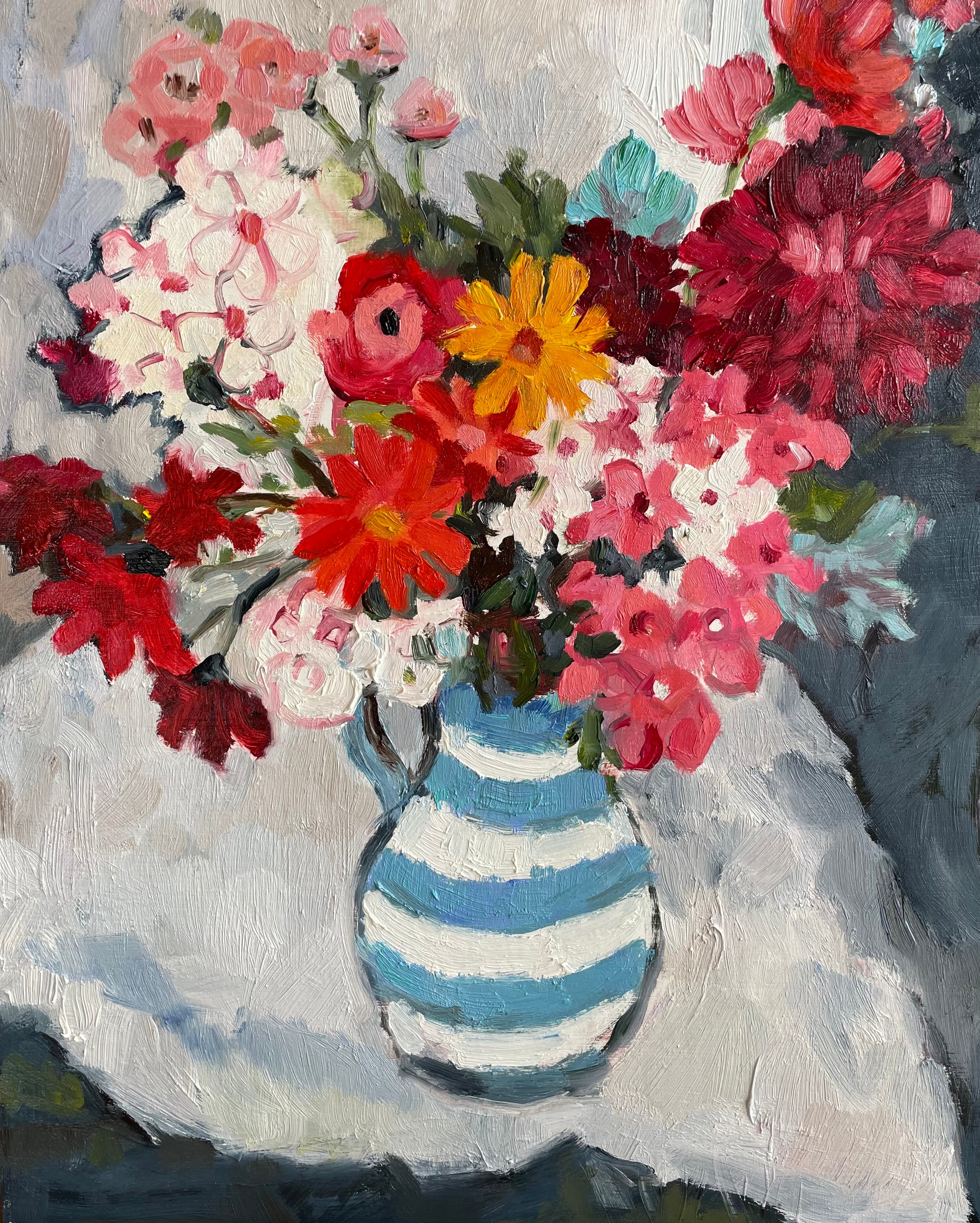 oil painting of bright flowers in a blue and white stripy jug