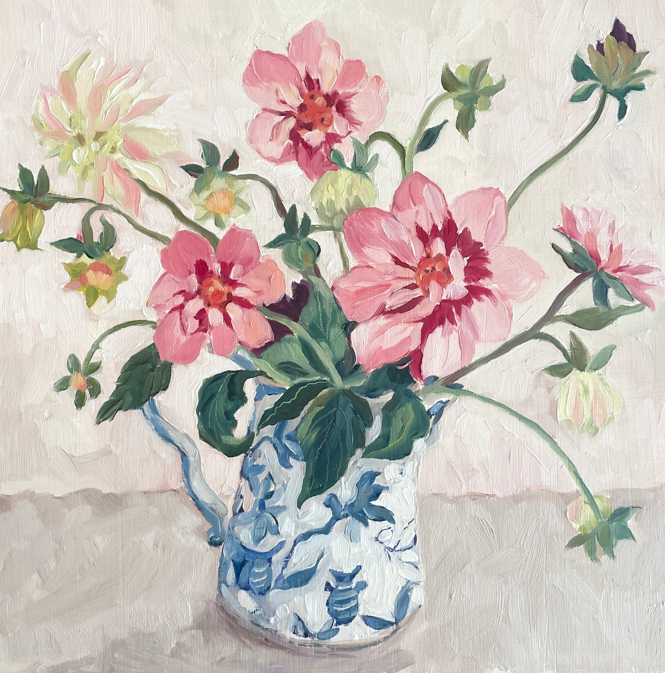Dahlias in a blue and white jug
