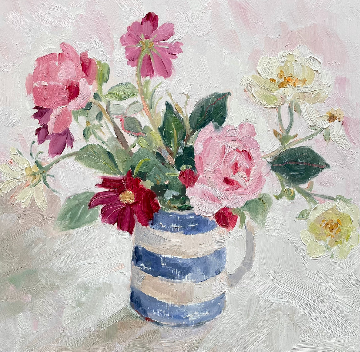 Roses and Cosmos in a Cornishware jug