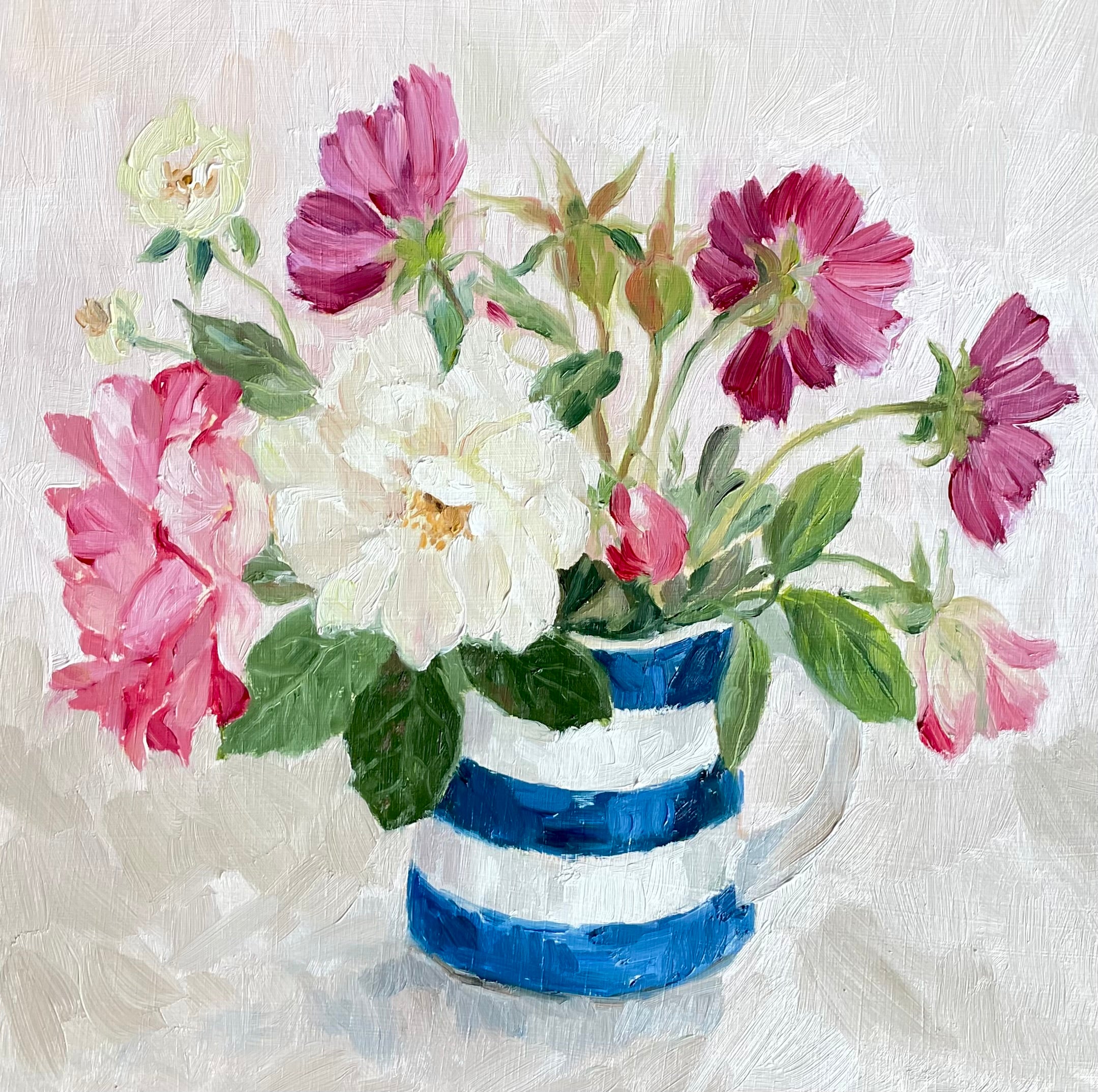 Roses and Cosmos in a Cornishware jug