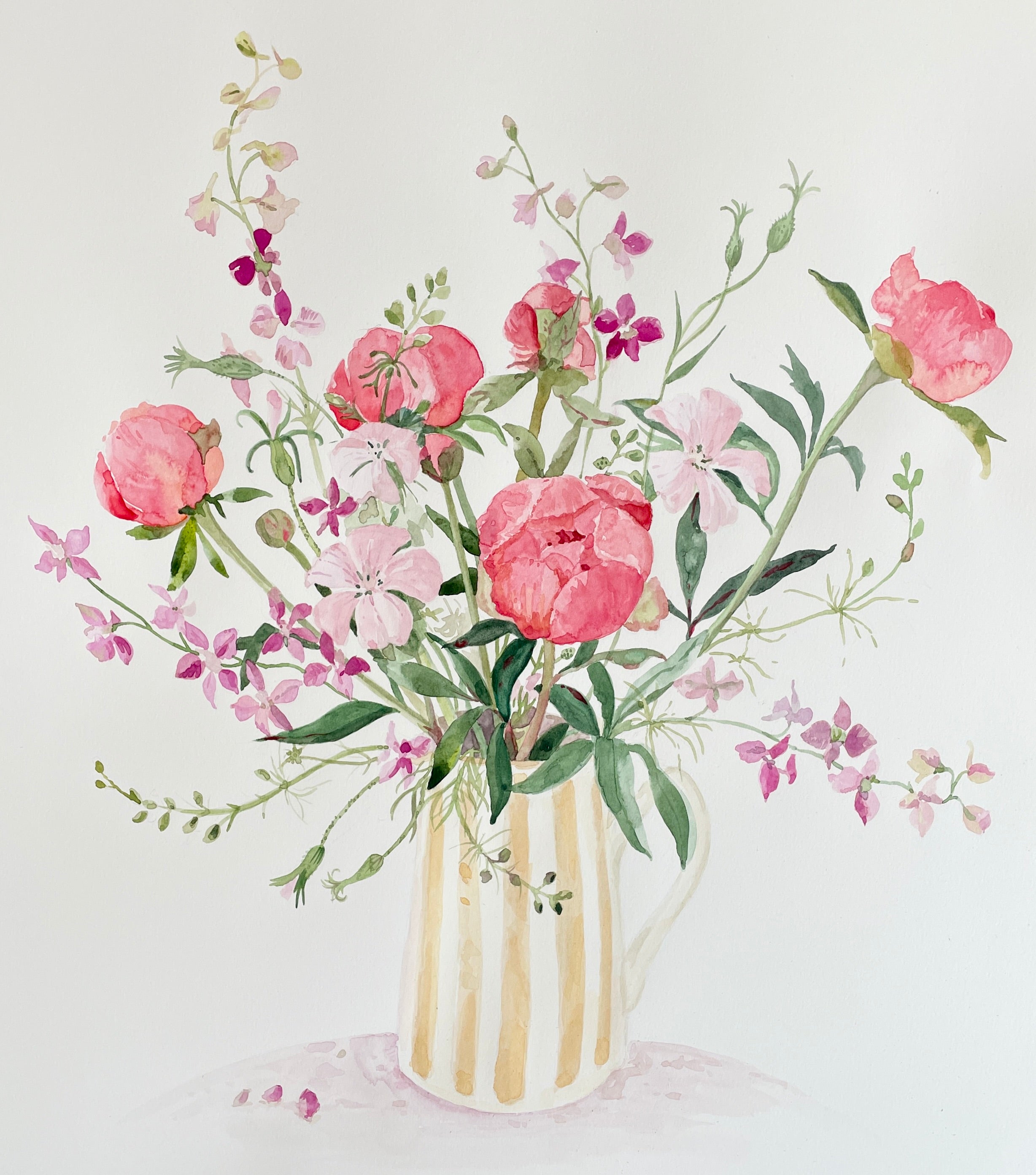 Peonies, corncockle and Larkspur in a stripy jug