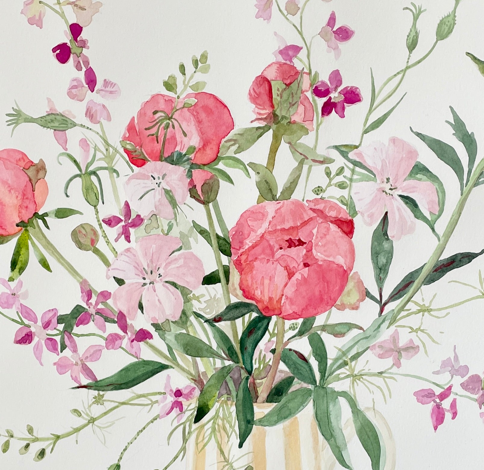 Peonies, corncockle and Larkspur in a stripy jug
