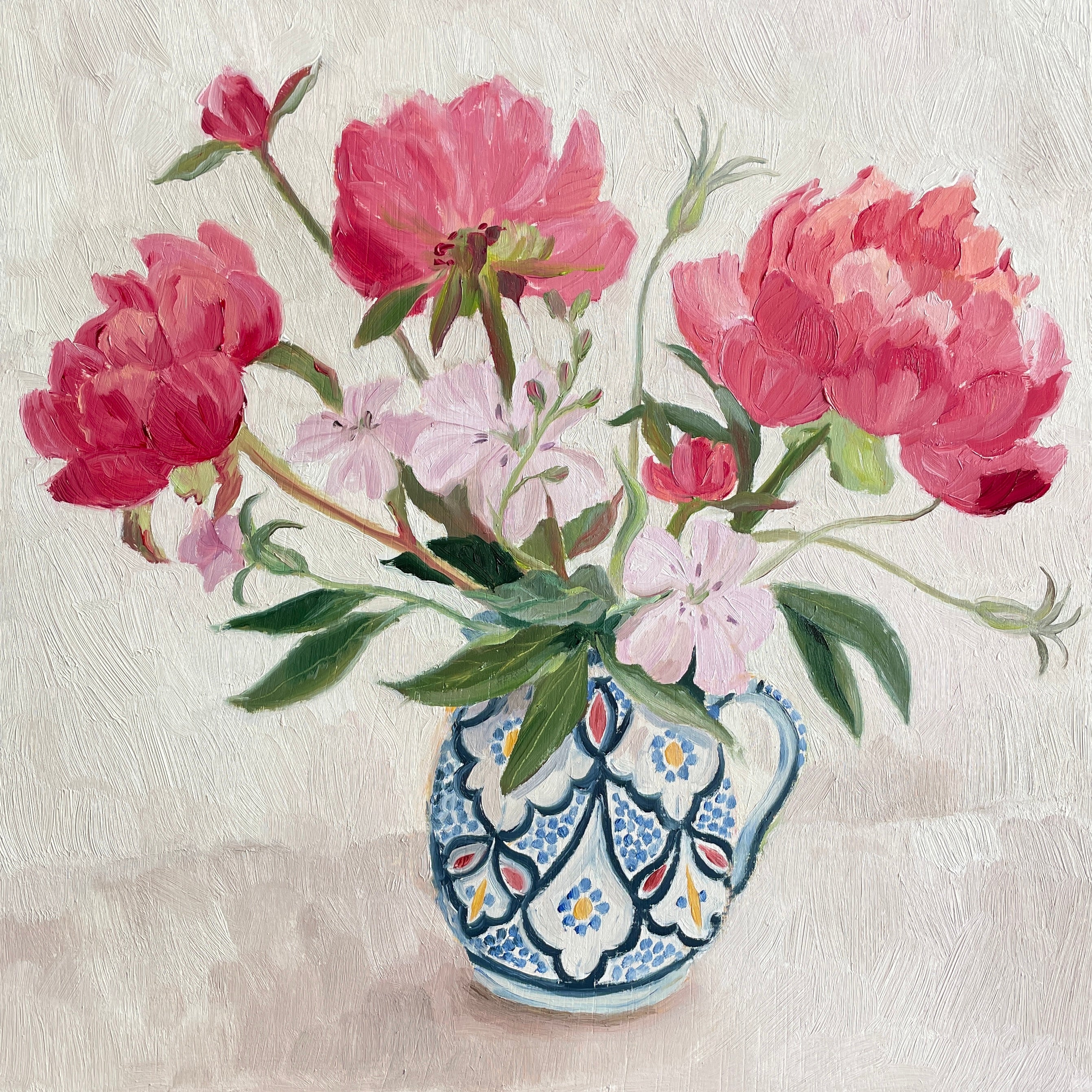 Peonies and corncockle in a Moroccan Jug