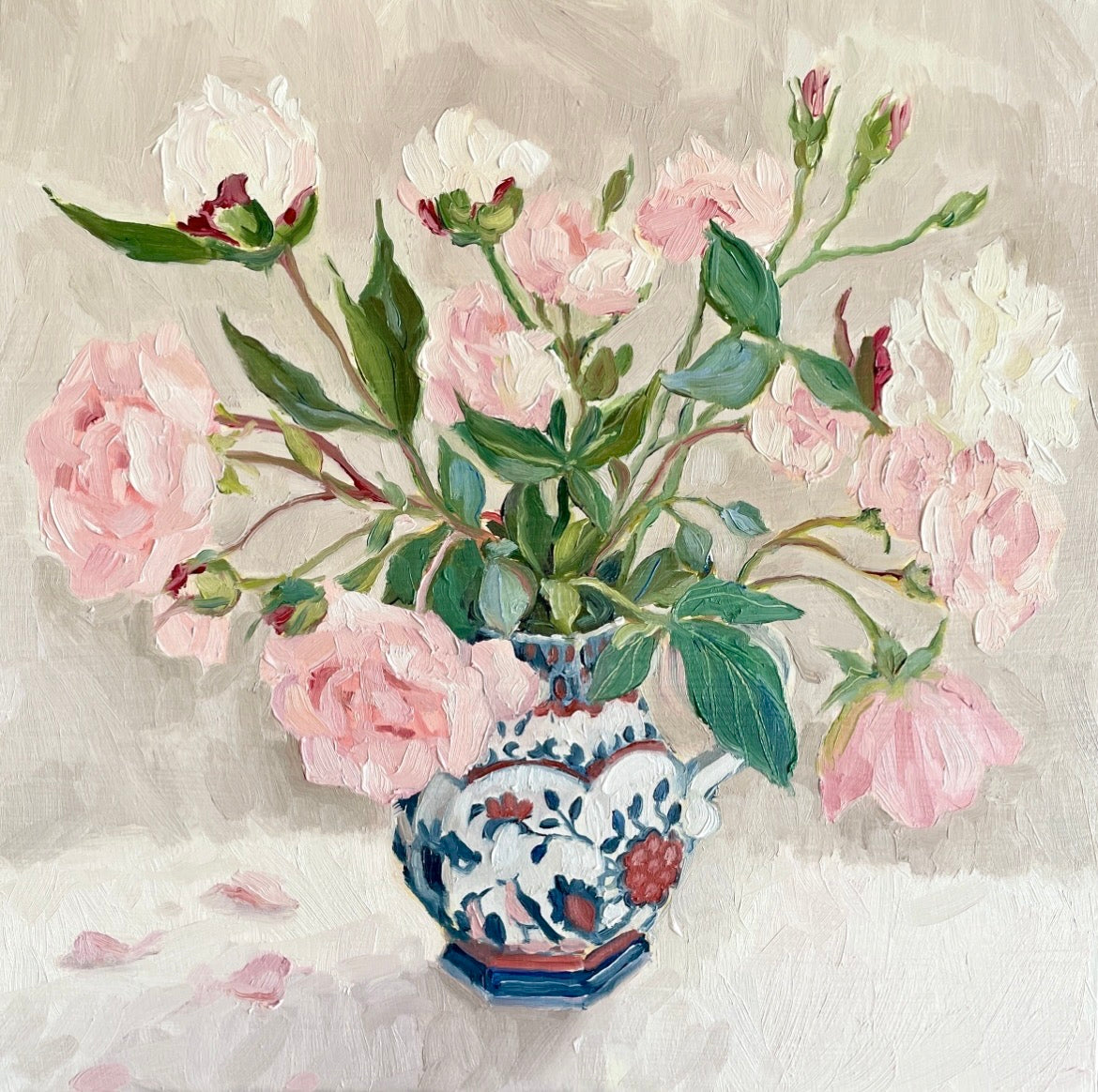 Roses and peonies in an old jug