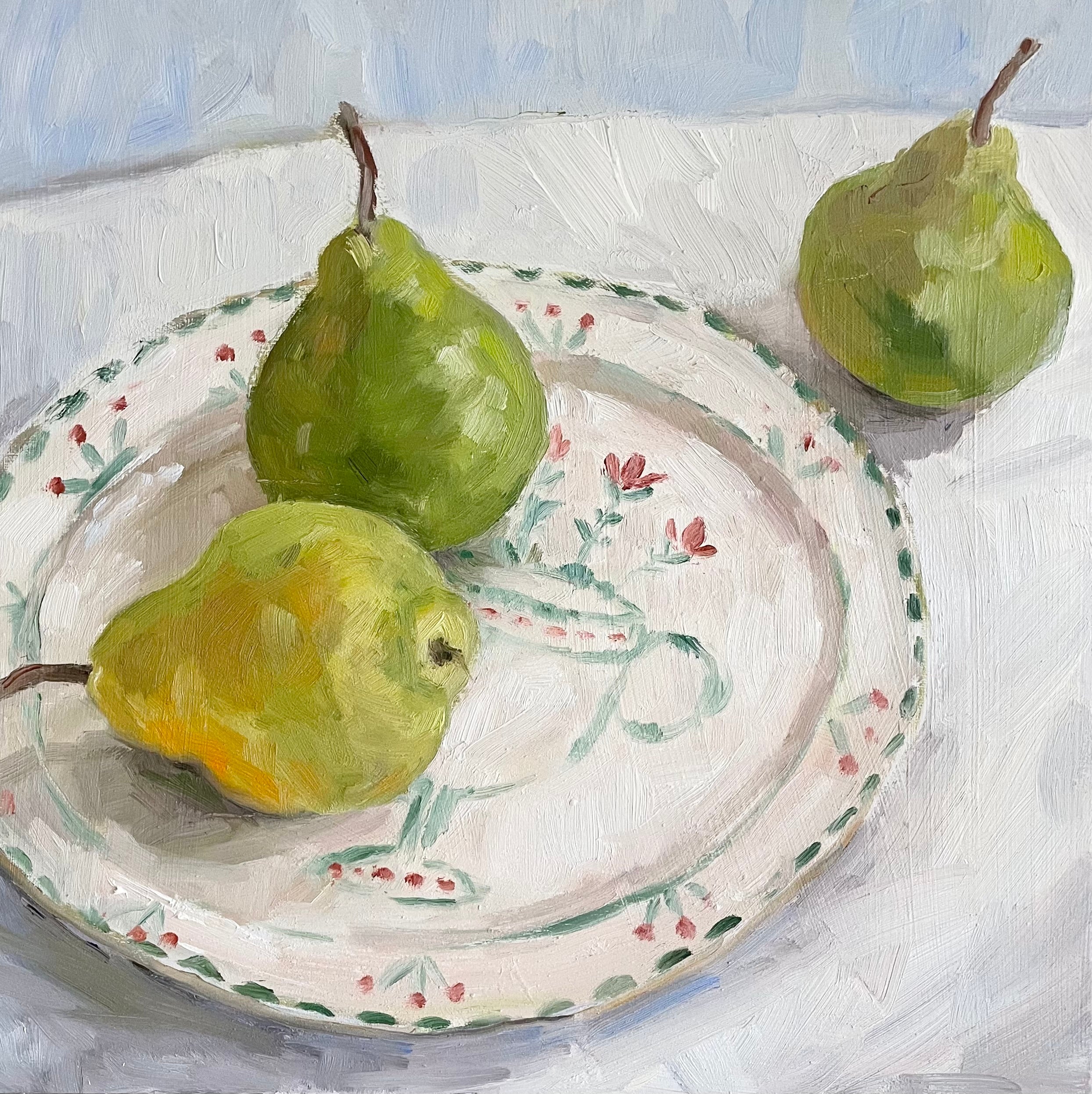 oil painting of pears on Gavin Houghton's Vanessa plate by SARAH BLOMFIELD