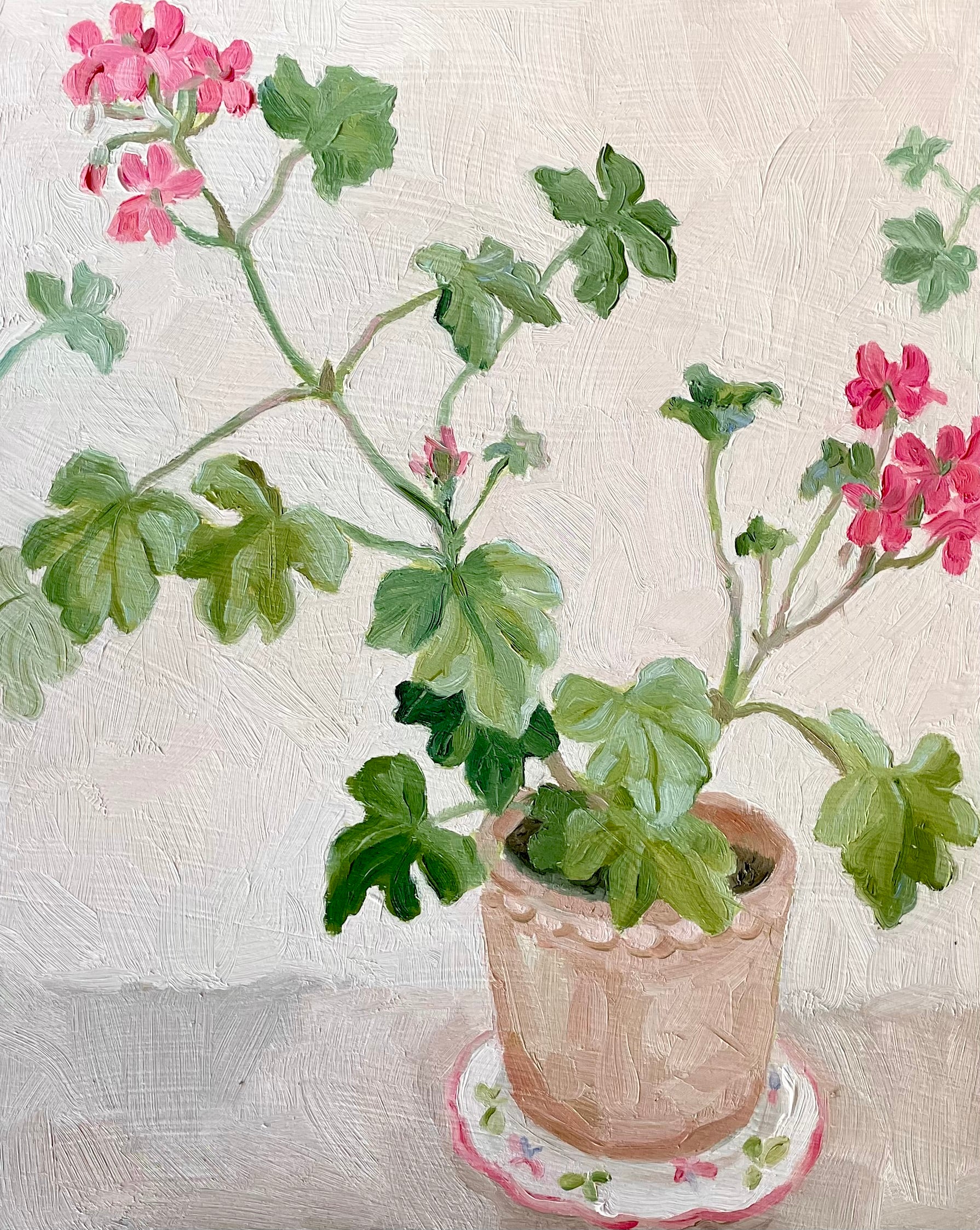 oil painting of a pink pelargonium in a terracotta pot