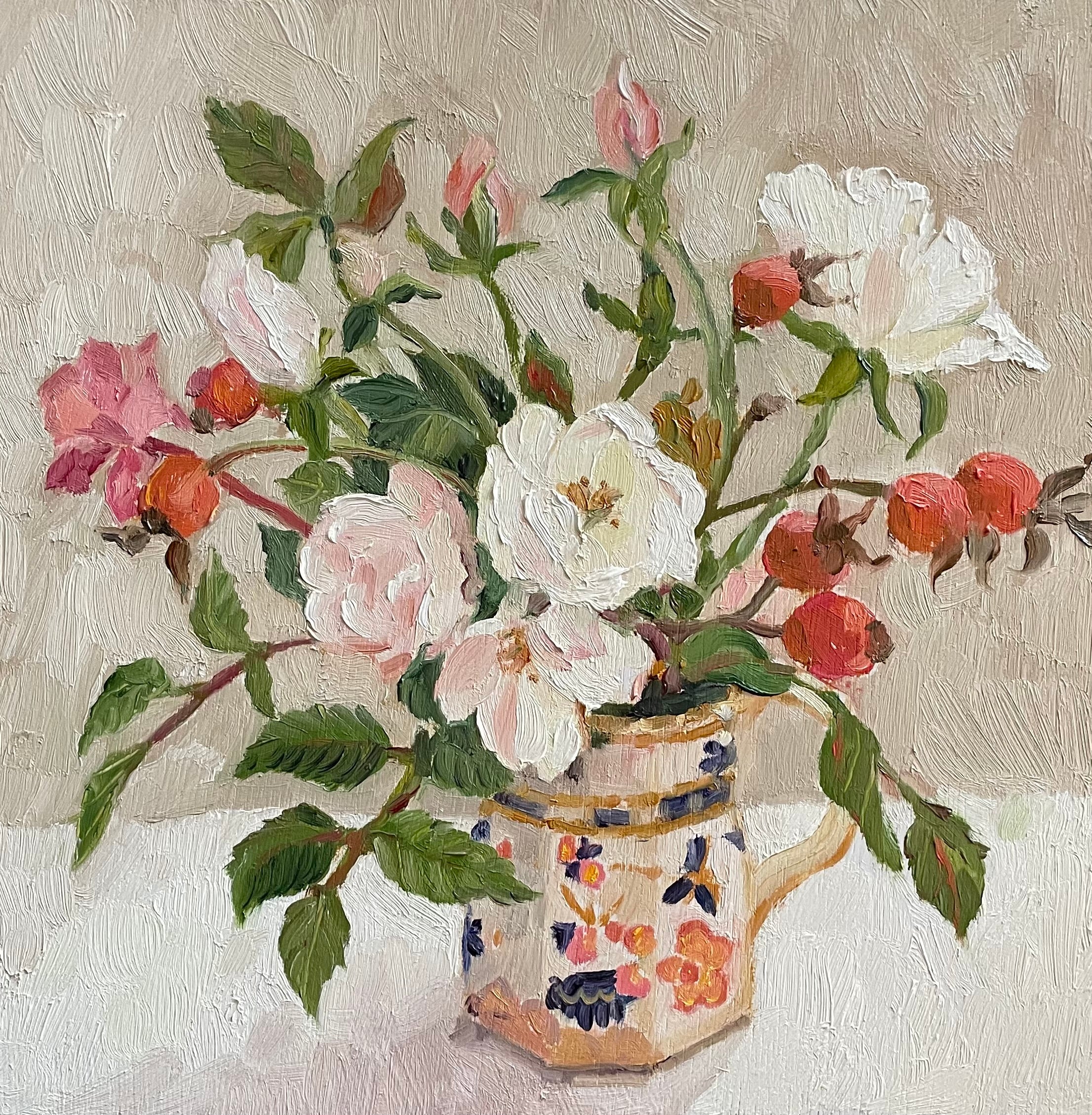 oil painting of roses in an ironstone jug, oil on board
