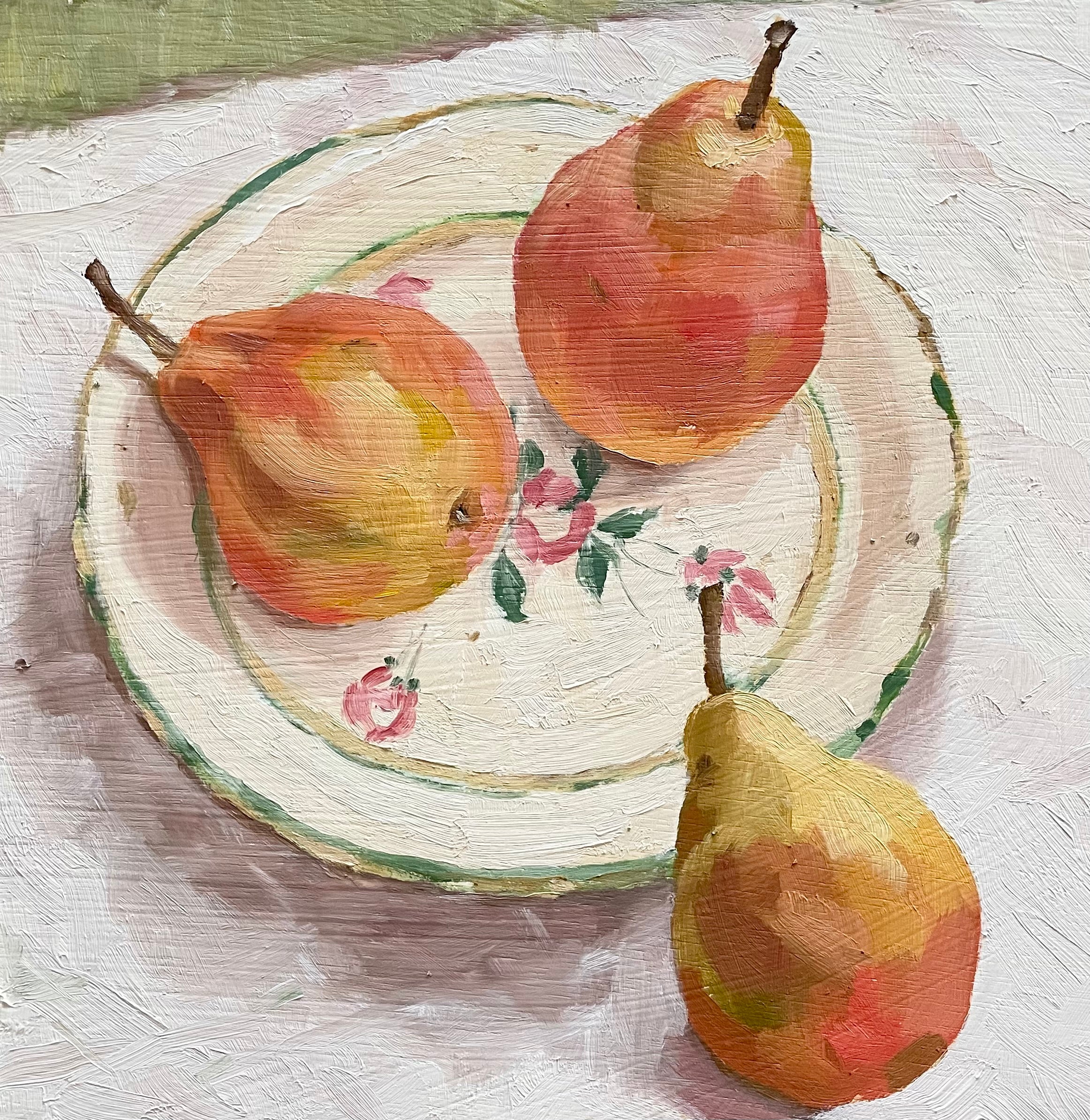 Rosy pears on an antique plate oil painting 