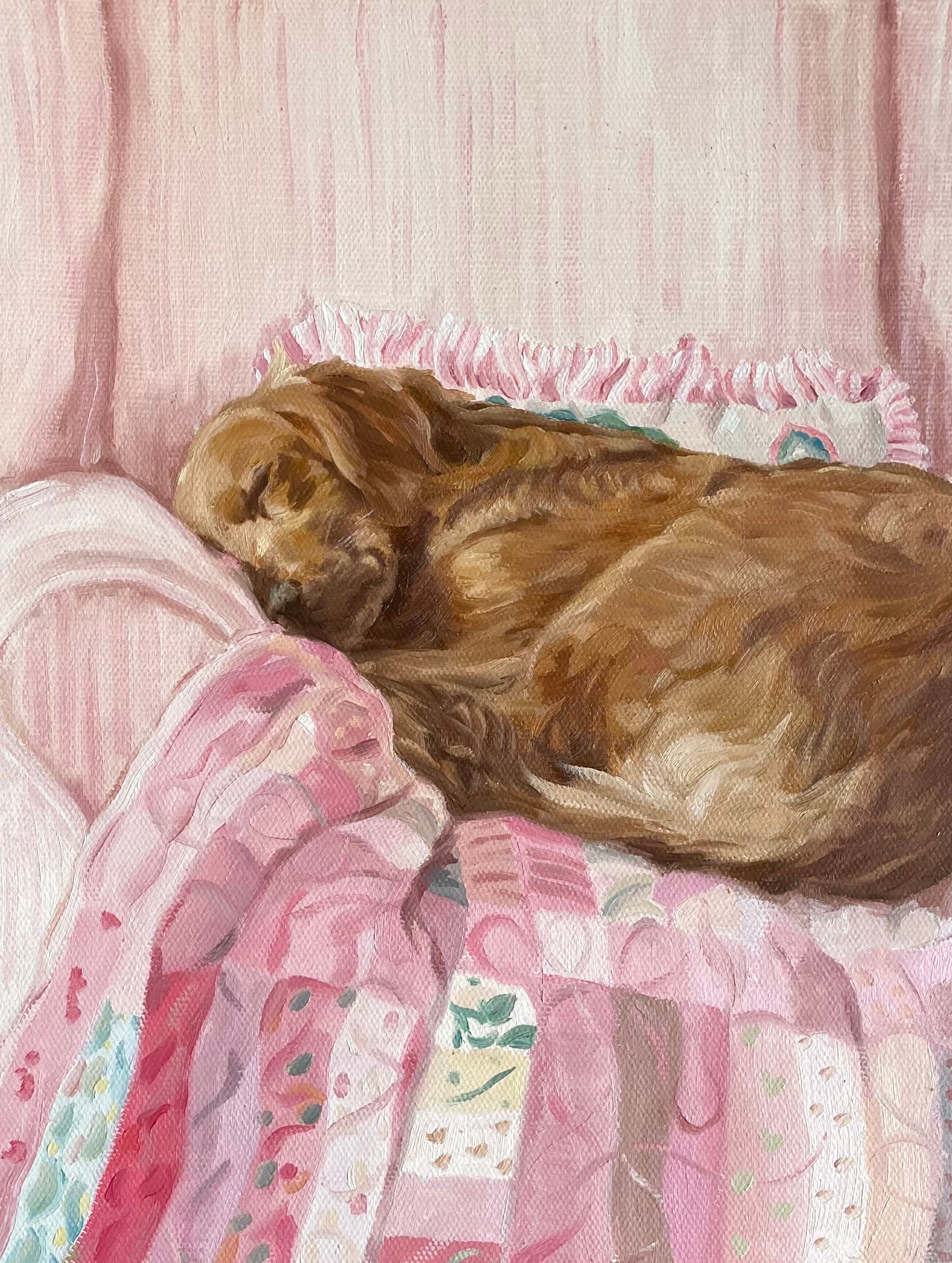 oil painting of a sleeping dog on a pink chair