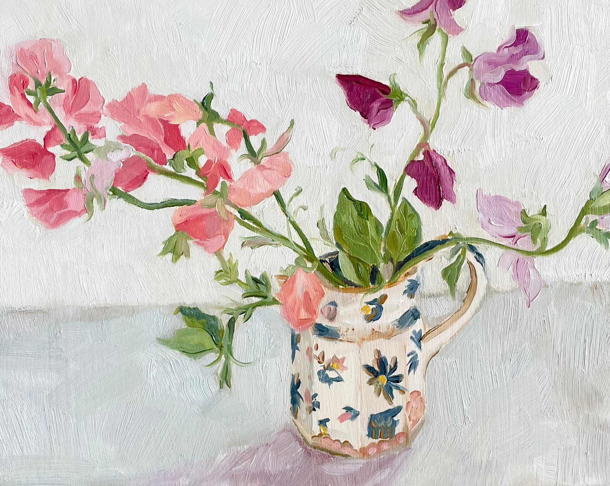 oil painting of sweet peas in an ironstone jug