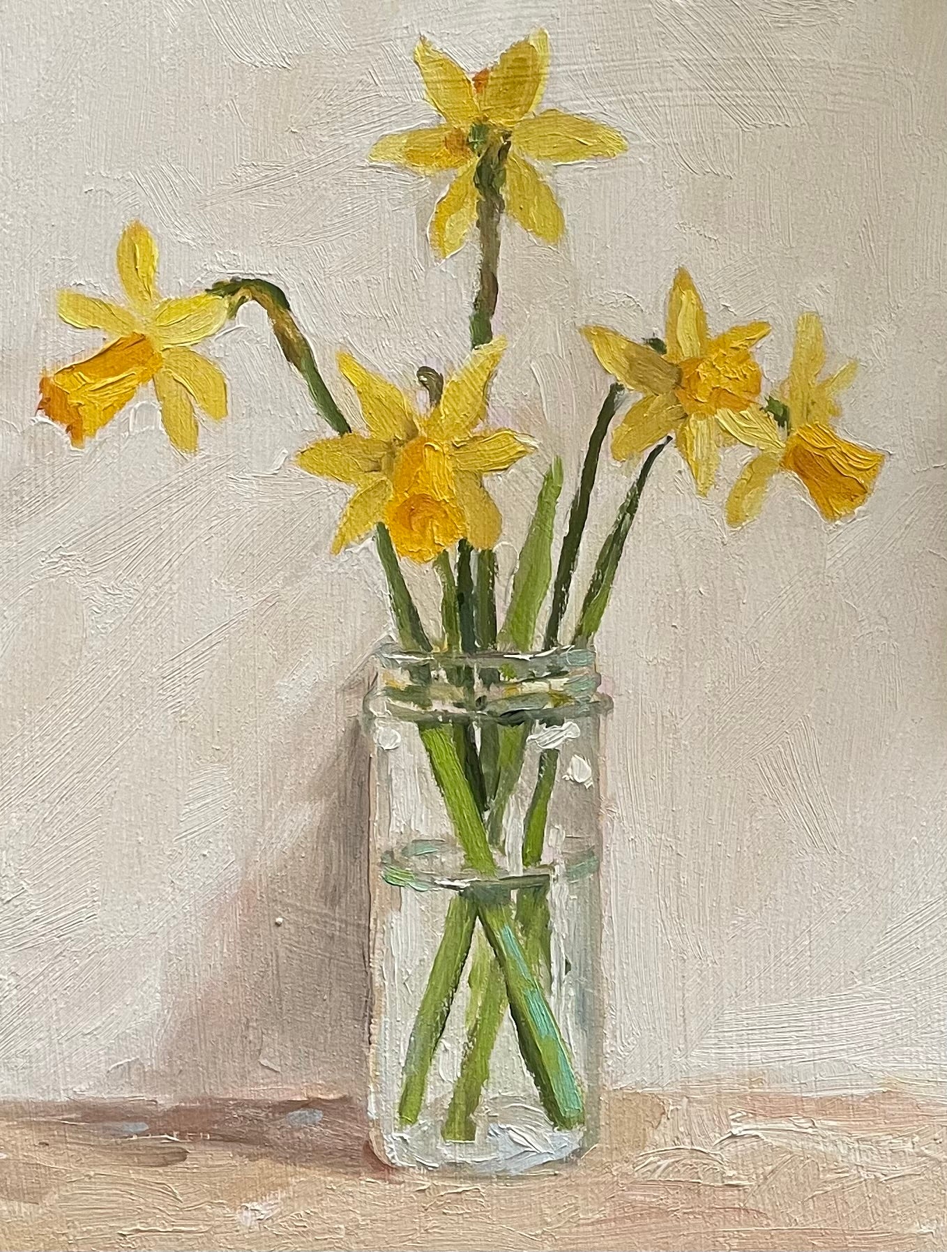 oil painting of daffodils in a spice jar