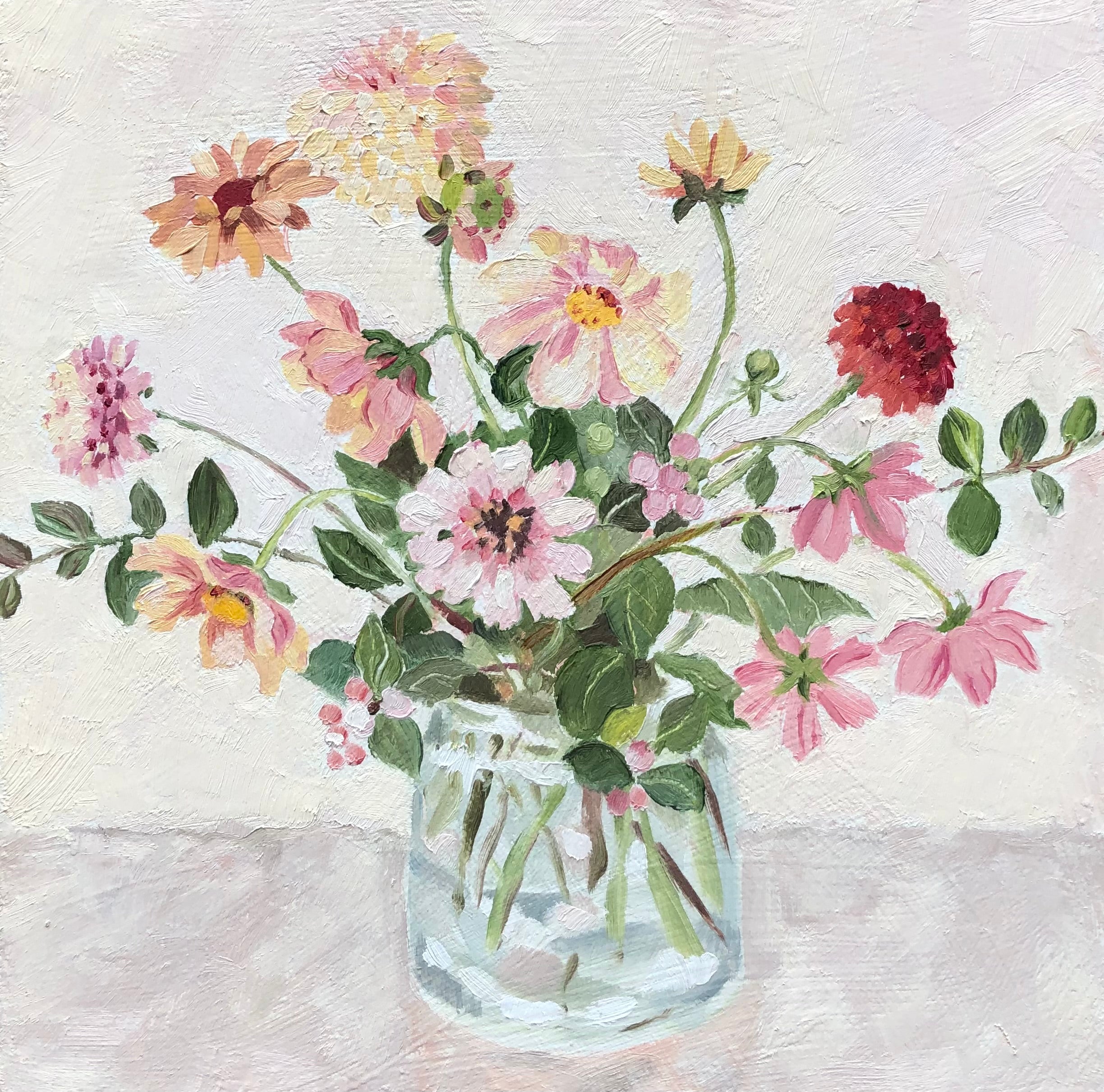 oil painting of dahlias in a glass vase