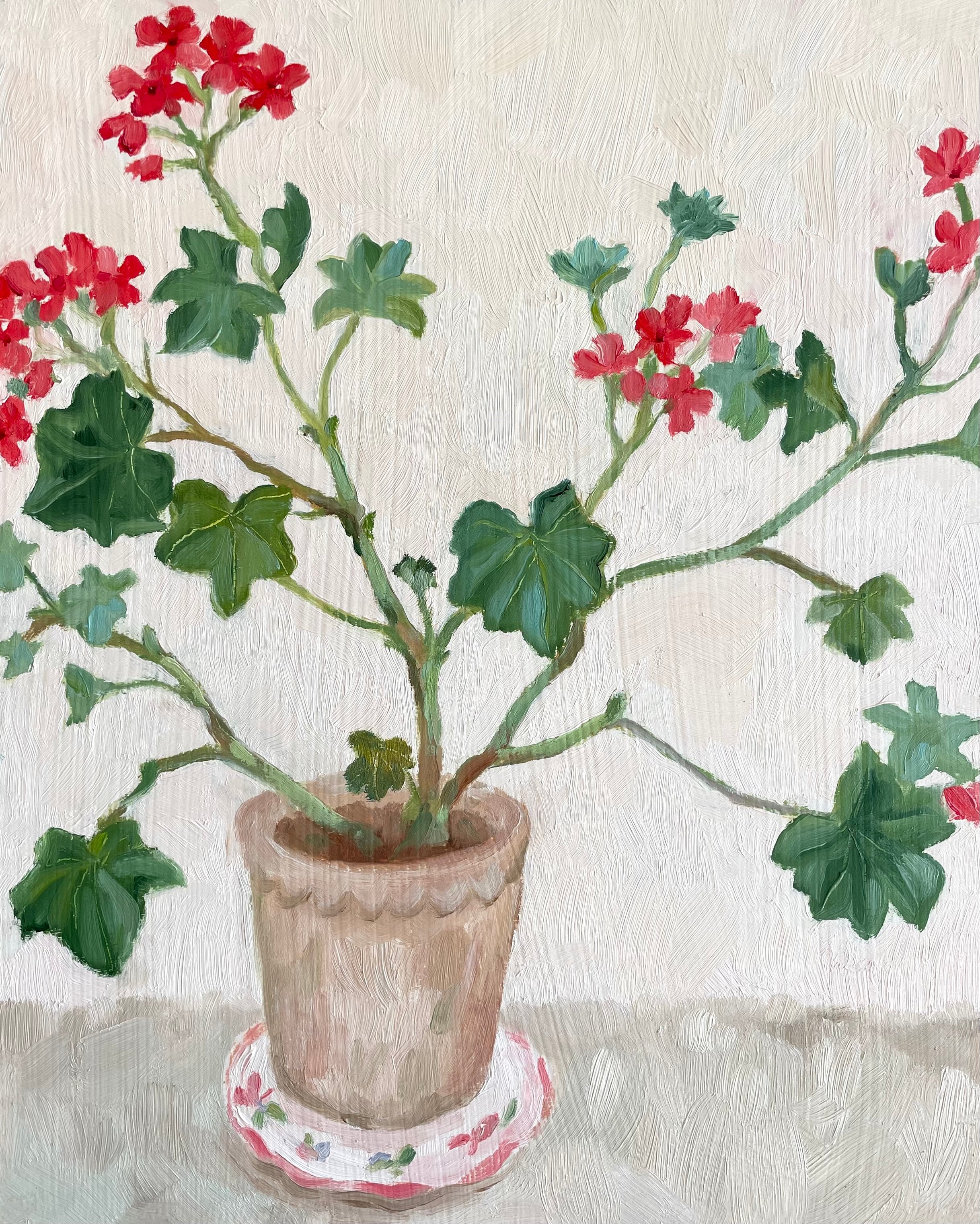 an oil painting of a red geranium in a terracotta pot