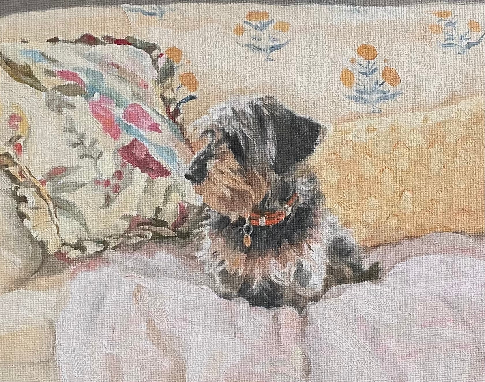 oil painting of a wire haired dachshund on a sofa