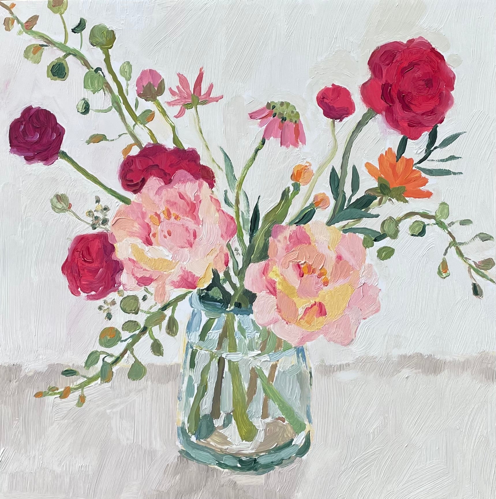 oil painting of peonies in a glass vase