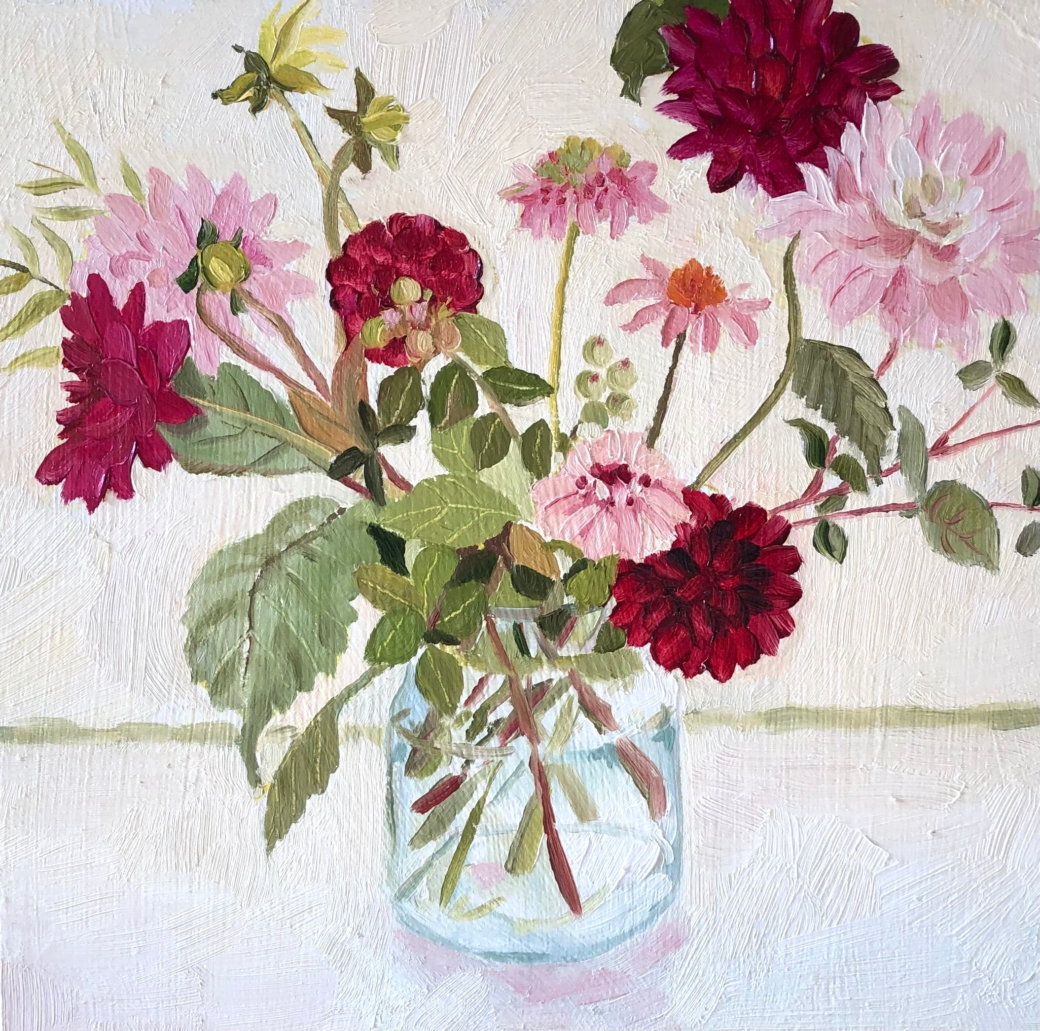 oil painting of pink and  red dahlias in a glass vase