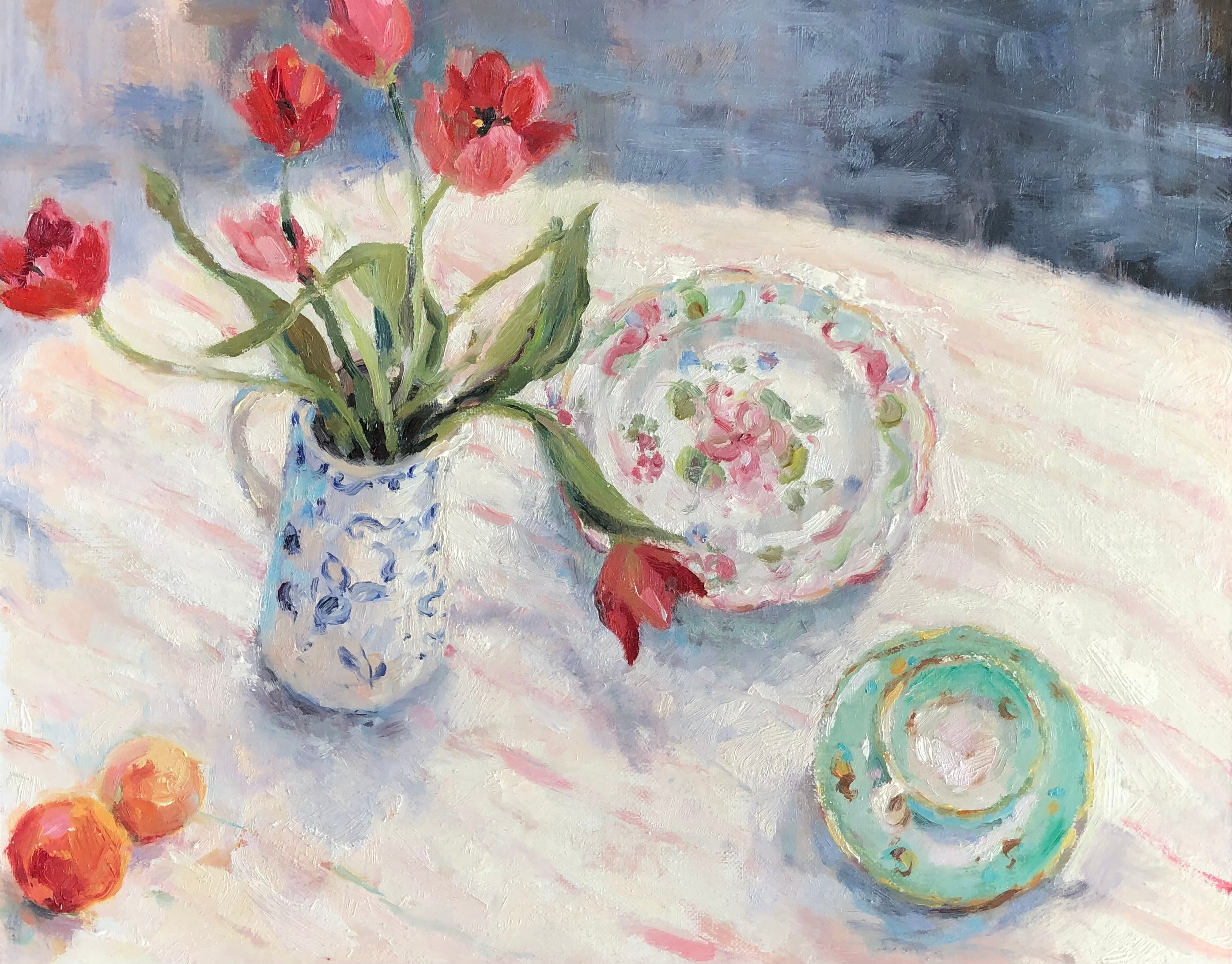 tulips and china on a tablecloth oil painting