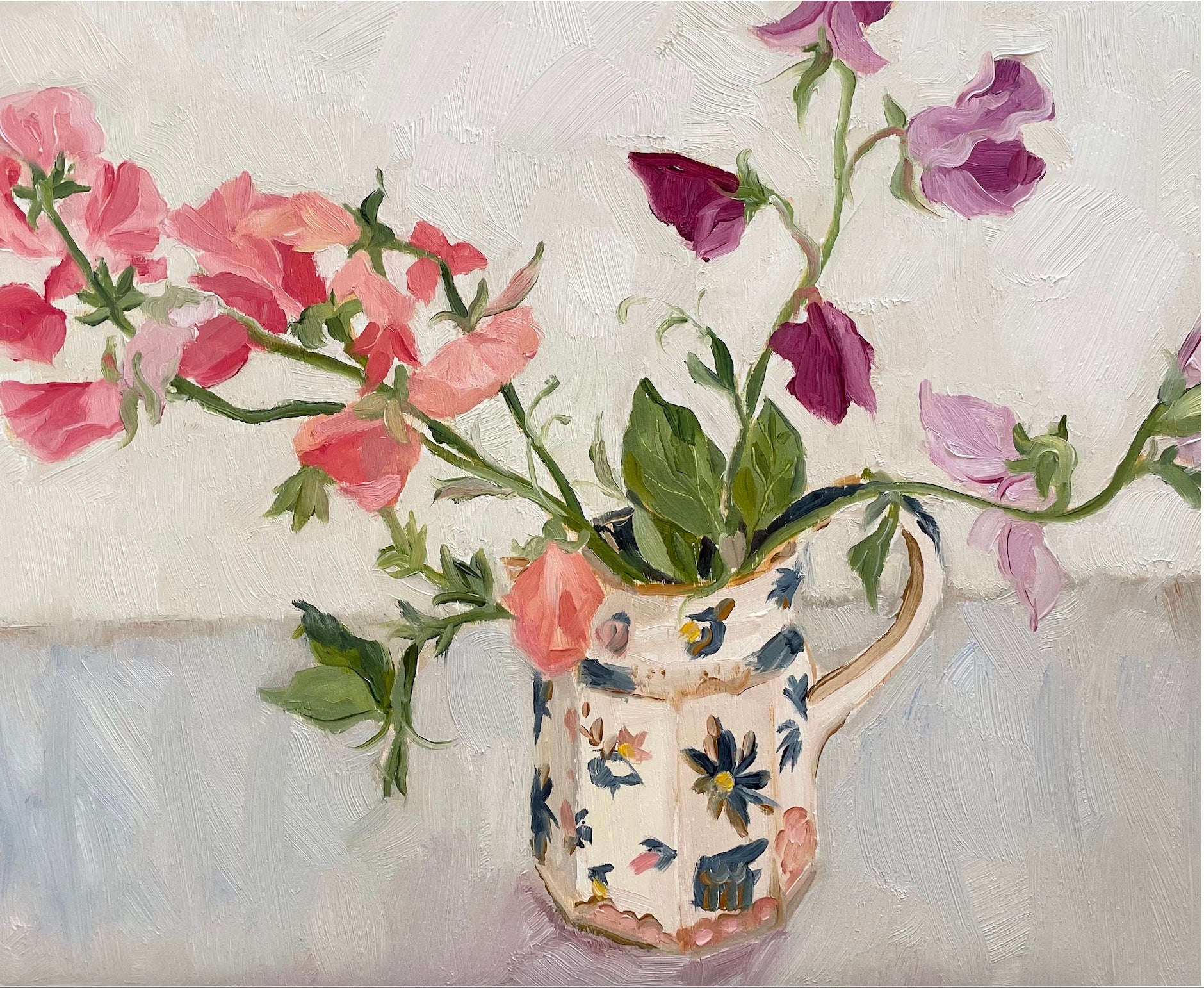 oil painting of sweet peas in an ironstone jug