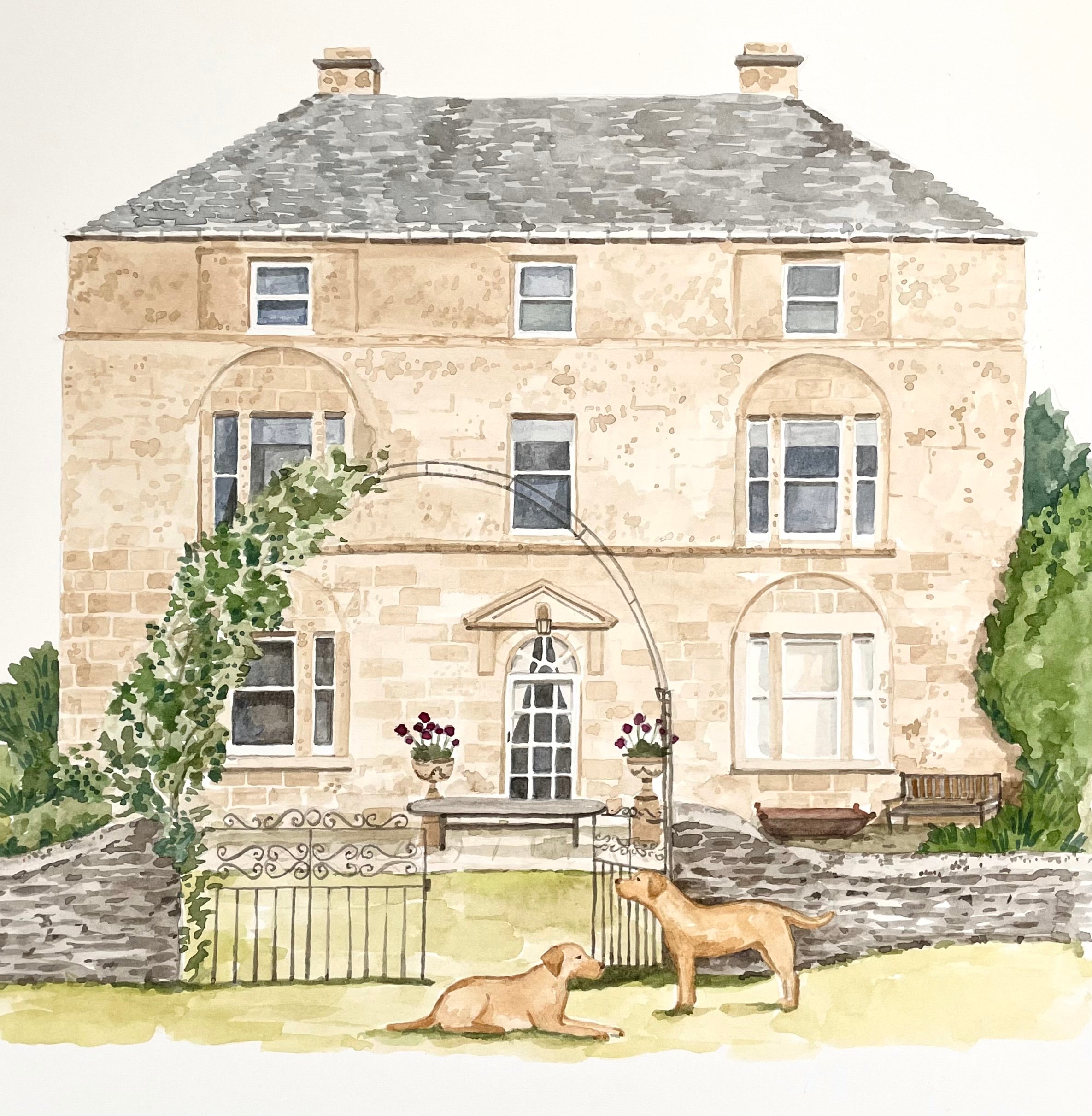 two dogs and their house watercolour